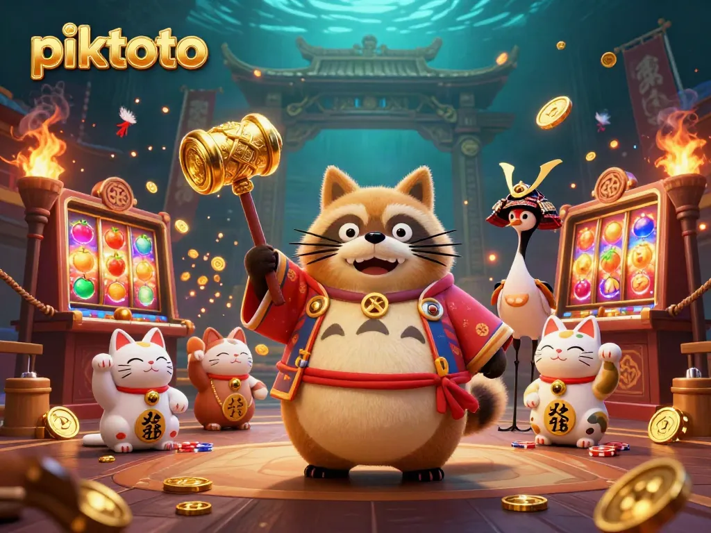 Engage in exciting gameplay at piktoto with a vibrant 3D illustration featuring a cheerful tanuki and slot reels