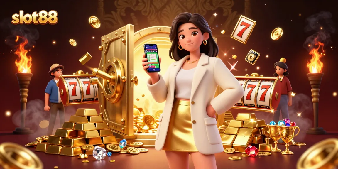 Engage with slot88 through vibrant slots and jackpots, featuring a friendly Asian woman embracing online gaming excitement.
