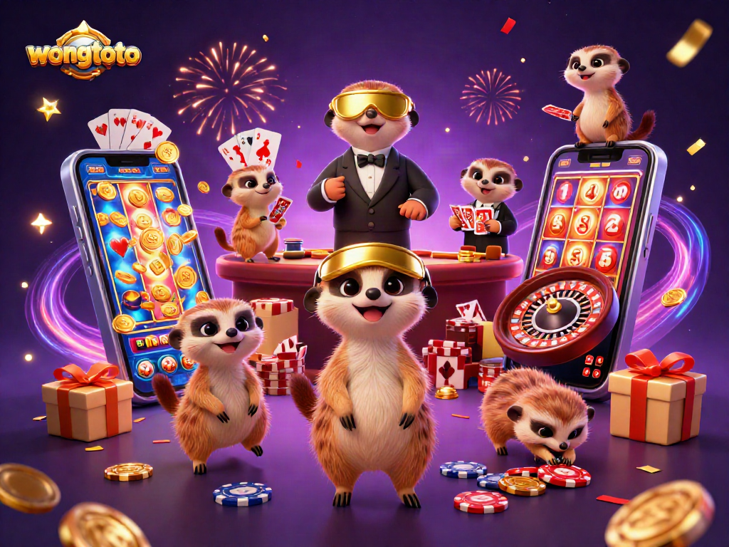 Delight in the wongtoto casino scene featuring lively meerkats showcasing vibrant gaming activities and jackpots.