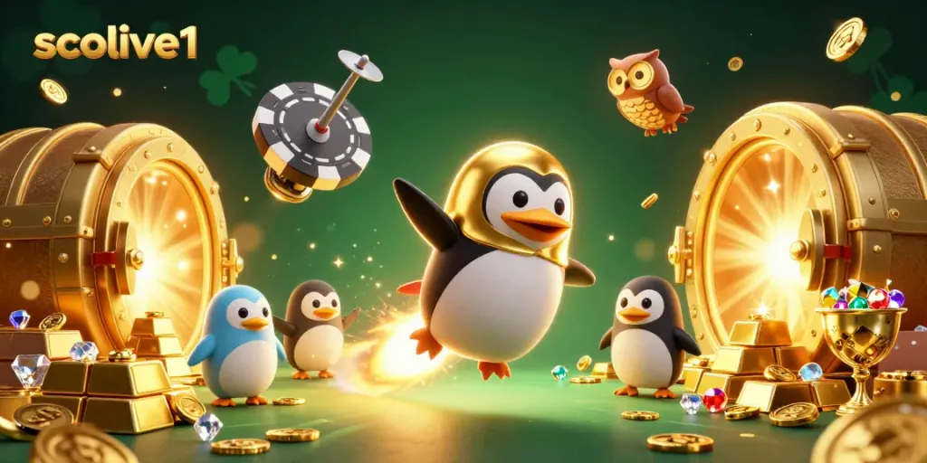 Experience the thrill of socolive1 with vibrant 3D illustration of a penguin and treasure-filled casino space.