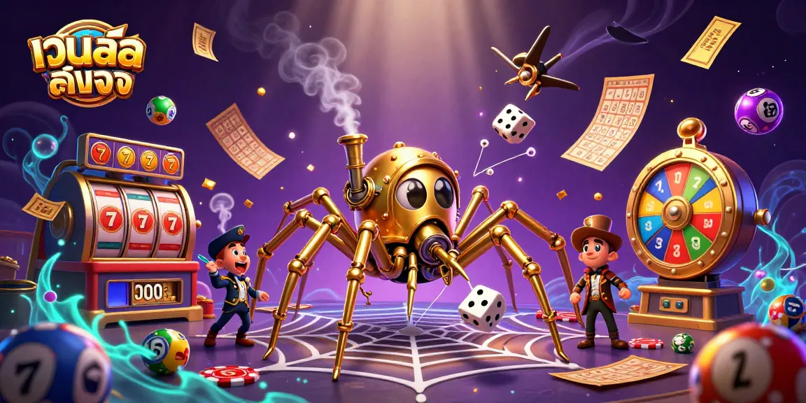 Play slot reels with เว็บสล็อตตรง featuring a golden spider and fly gentleman in a vibrant casino scene.