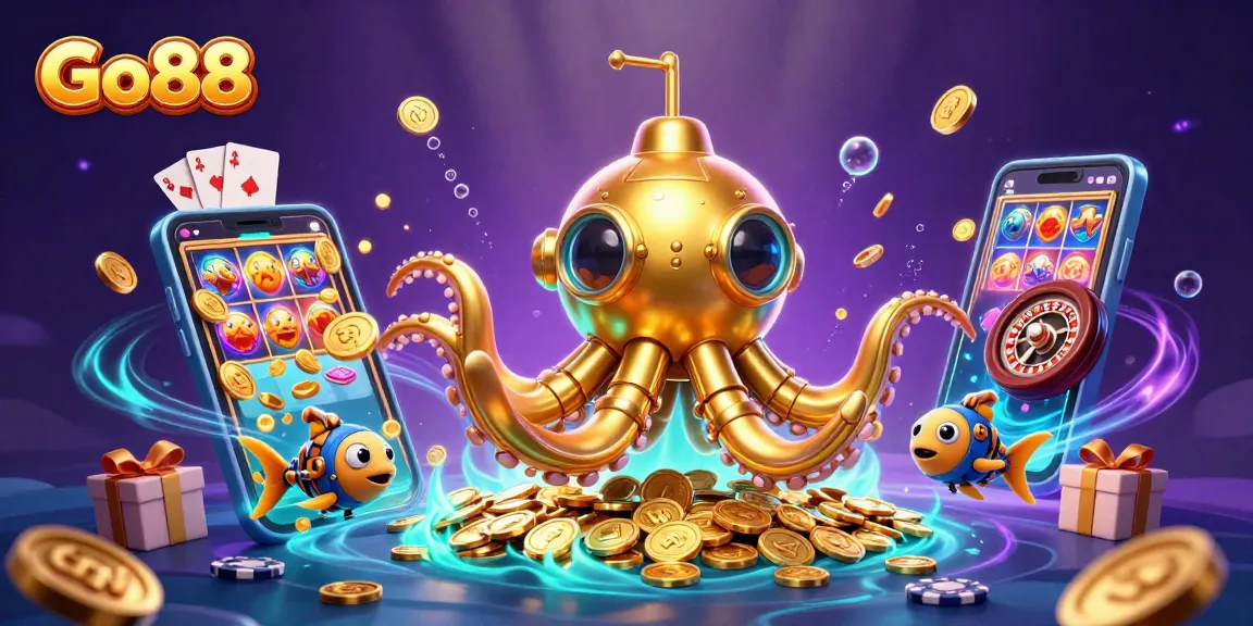 Engage with Go88's thrilling gaming adventure featuring a golden kraken submarine amidst a sea of gold coins.