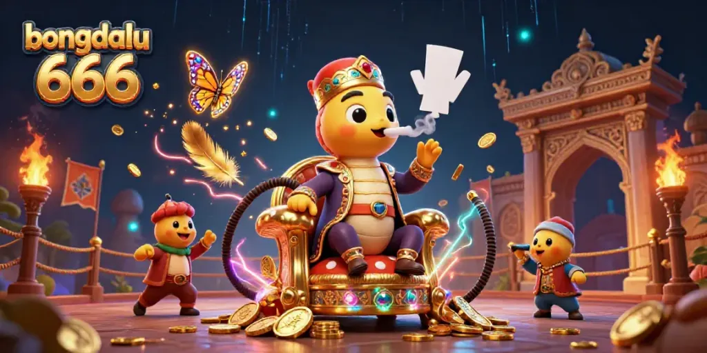 Bongdalu 666 showcases a vibrant 3D illustration with a caterpillar sultan, poker symbols, and rich gambling elements.