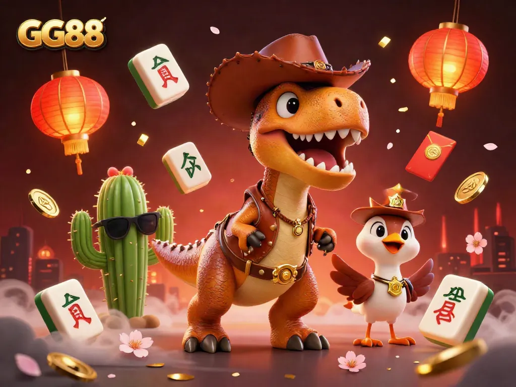 Experience GG88 excitement with a cartoon dinosaur and casino elements uniting in vibrant 3D action.