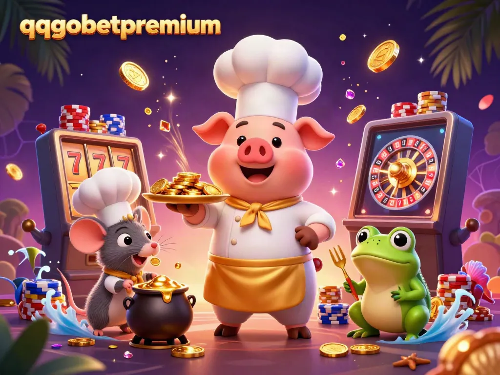 Engage in thrilling gambling vibes with qqgobetpremium's vibrant casino scene featuring chefs and gold coins.