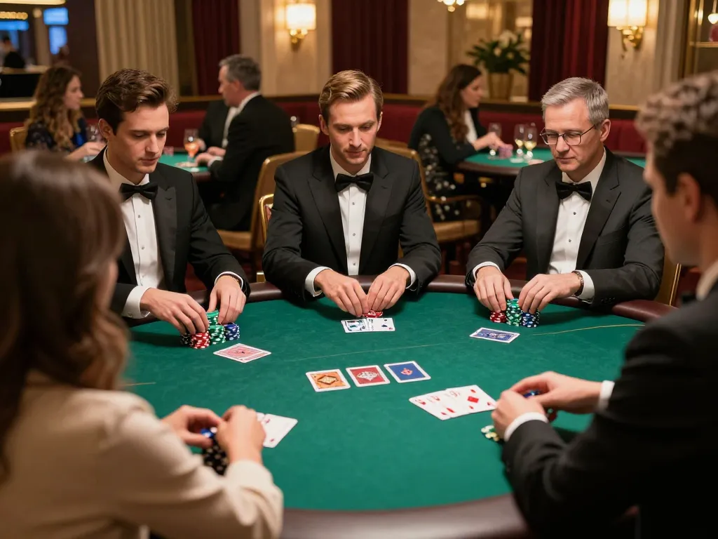 Players strategizing around the CM88 poker table in a luxurious environment, showcasing high-stakes action.