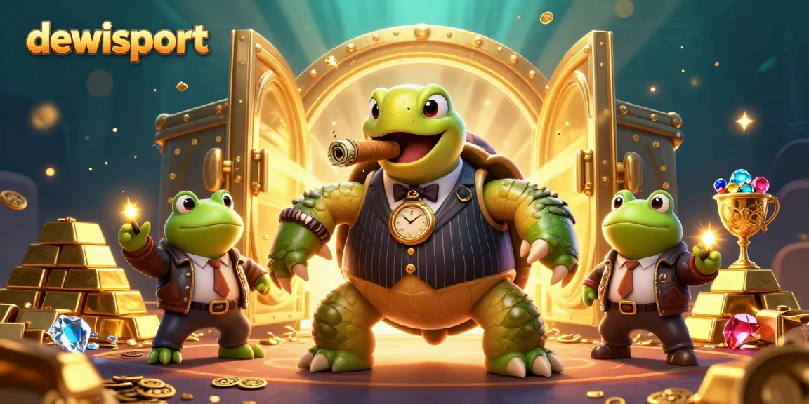 Experience thrilling gameplay with dewisport's massive turtle mobster and his frog enforcers in a vibrant casino scene.