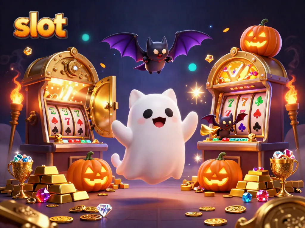 Menangkan jackpot slot dengan kucing hantu dan kelelawar, dikelilingi harta karun.