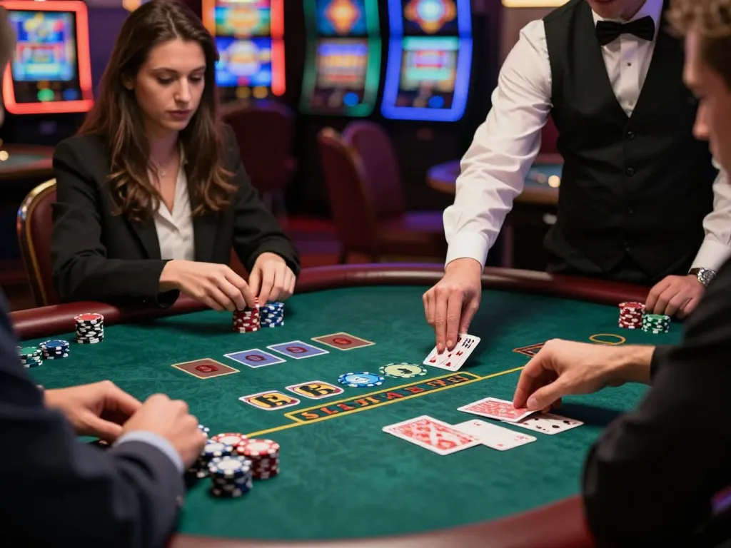 79king betting action at an exclusive blackjack table, players focusing intently on cards and strategy.