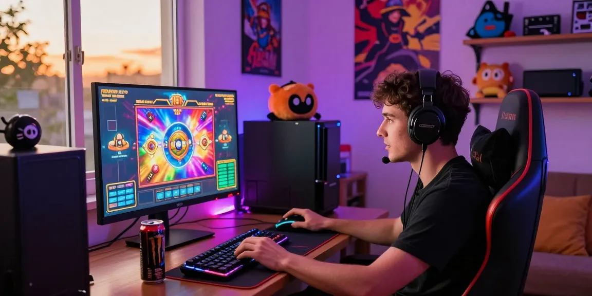 Seorang pemain slot gacor dengan monitor cerah dan aksesoris gaming di ruang tamu.