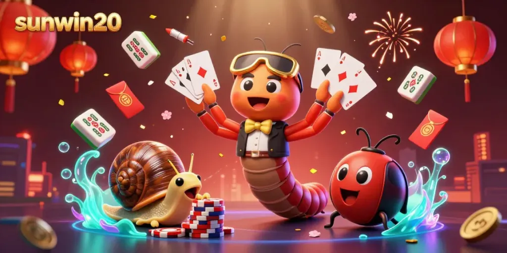 Engage with the vibrant scene of sunwin20, featuring a millipede dealer, snail high-roller, and a pill bug in a dynamic casino atmosphere.