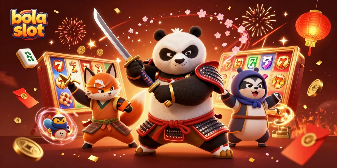 Engage in thrilling bola slot games with panda samurai and ninja fox in this vibrant casino digital art.
