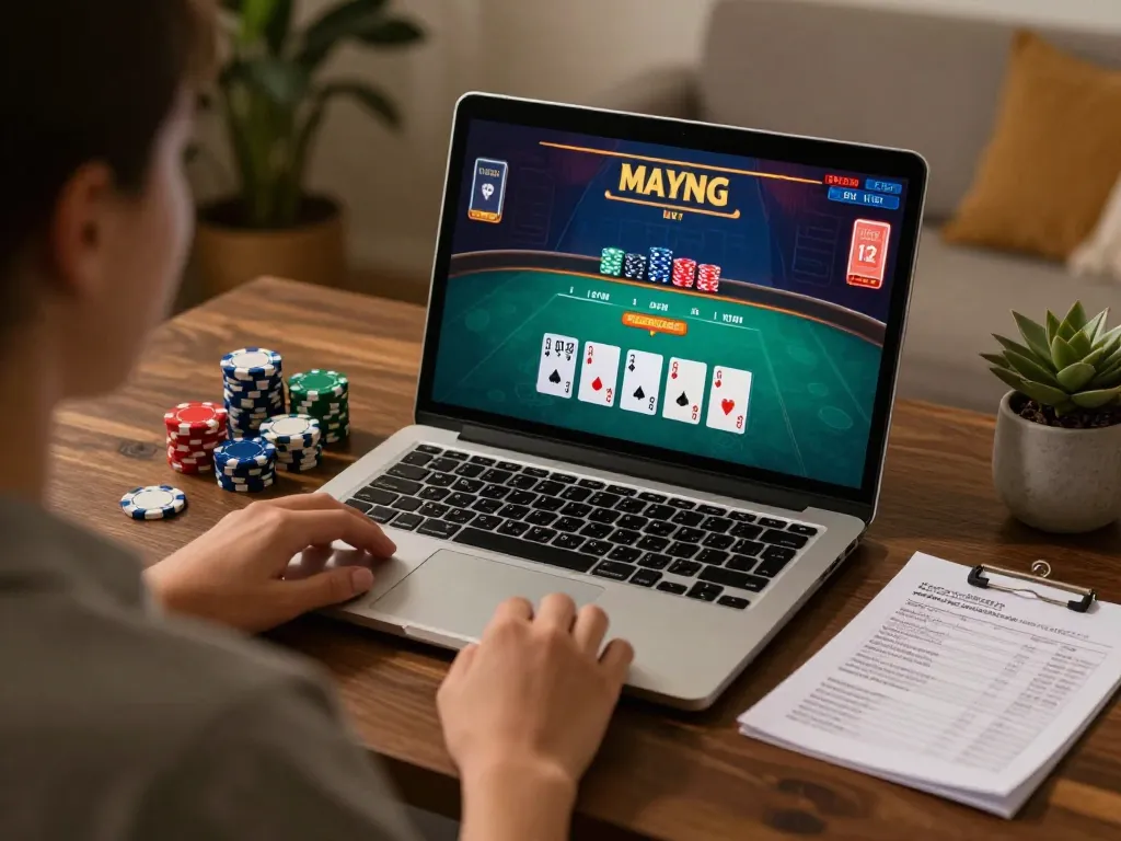 Pemain menganalisis strategi blackjack sambil menggunakan platform kenzototo di laptop dalam suasana yang nyaman