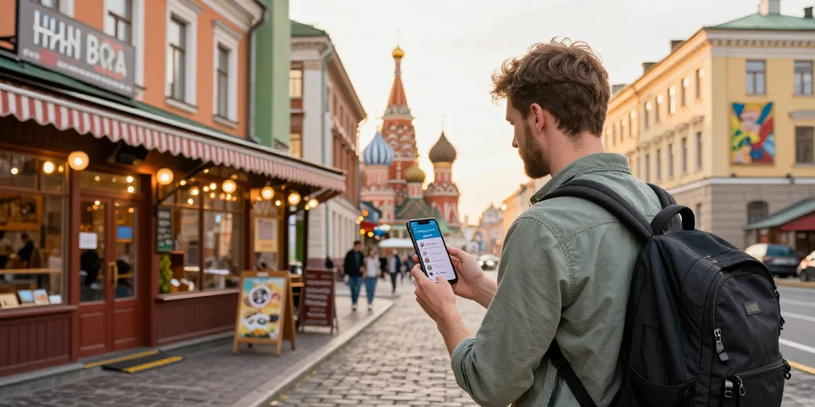 Pengunjung di Rusia menggunakan aplikasi https://payinrussia.com/ untuk pembayaran di restoran tradisional.