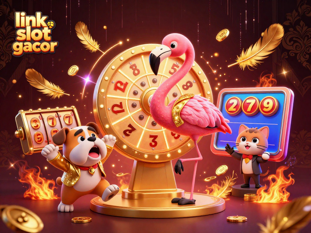 Engage with link slot gacor through a vibrant casino scene featuring a flamingo host and bulldog contestant.