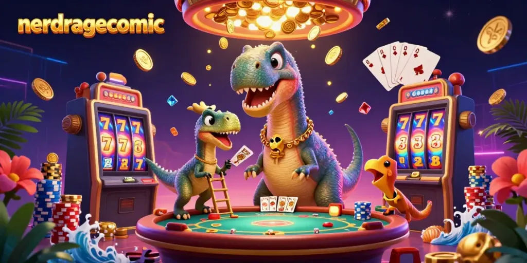 Ilustrasi komik nerdragecomic menampilkan brontosaurus raksasa di kasino dengan meja poker kecil di bawahnya.