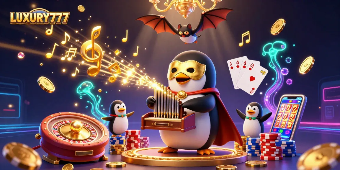 LUXURY777 menampilkan ilustrasi kasino dengan penguin bermain organ, koin emas, dan elemen permainan yang spektakuler.