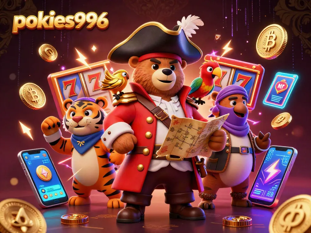 Spin the reels at pokies996 with a lively 3D scene featuring a pirate bear and tiger, showcasing slot game action.