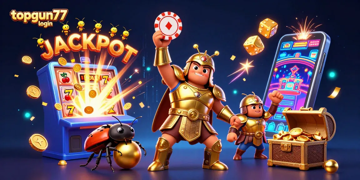 Memenangkan jackpot di topgun77 login dengan simbol keberuntungan dan pecahan emas yang berkilauan.