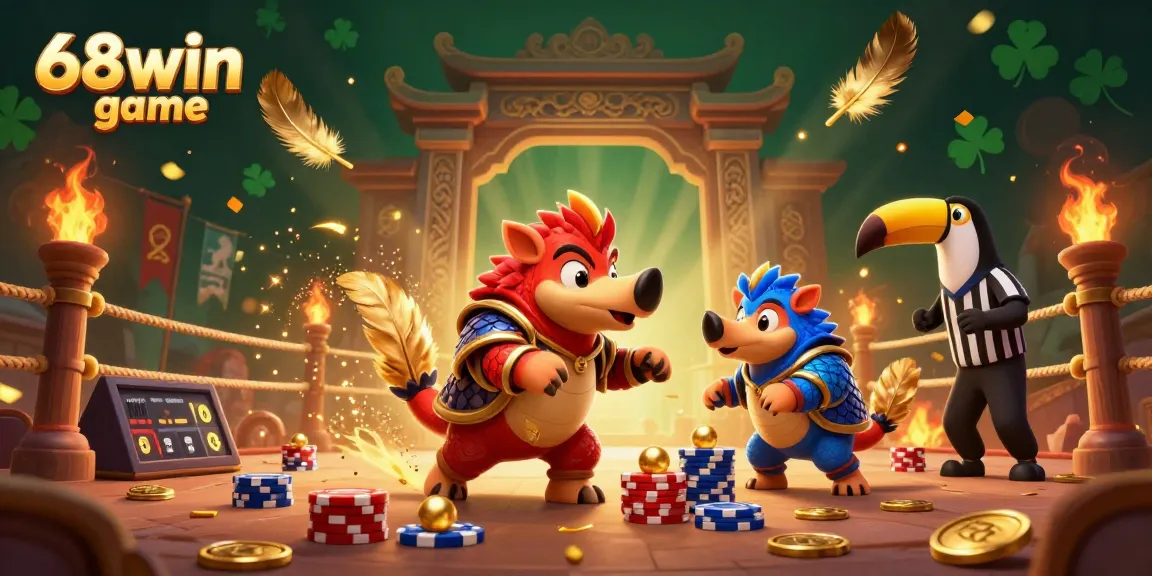 Watch the thrilling 68win game as rival pangolins bowl through poker chips in a vibrant casino scene.
