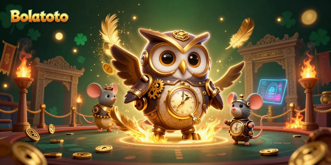 Experience Bolatoto with the time-traveling owl amidst rich casino elements.