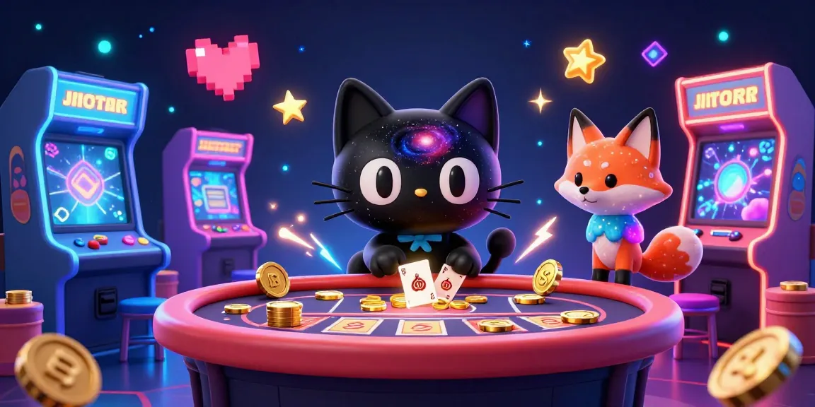 Engage with MCW COM's vibrant cosmic casino scene featuring a black hole cat and nebula fox.