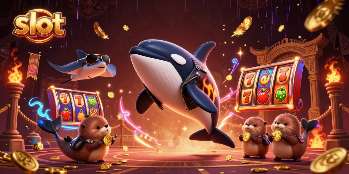Experience thrilling slot action with an orca and friends amidst vibrant casino elements.