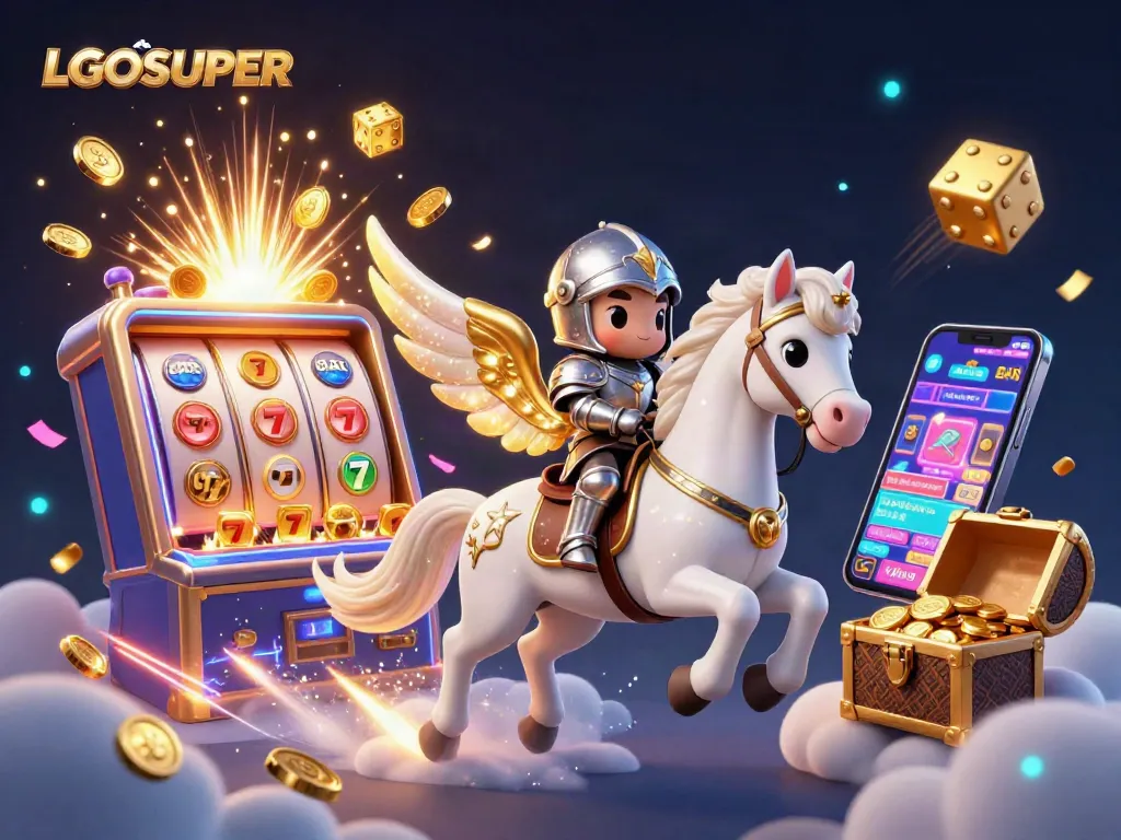 Experience winning with LGOSUPER as the golden horse races through a vibrant casino environment packed with excitement.