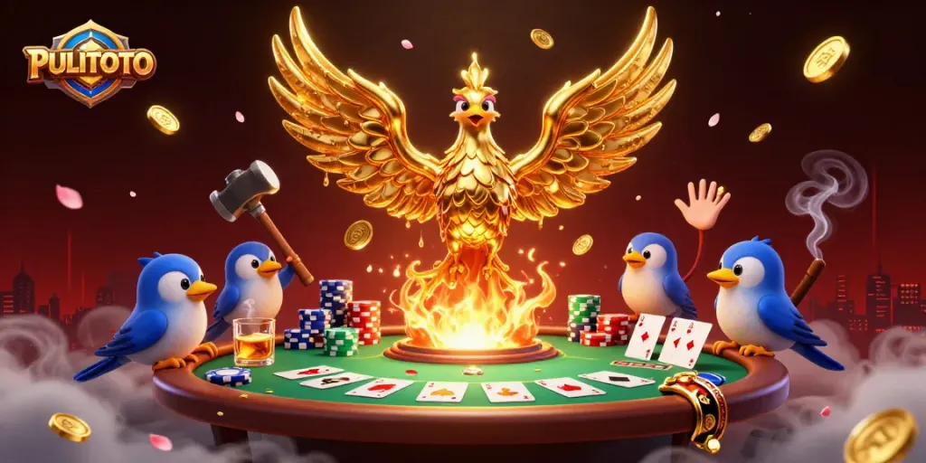 PULITOTO showcases a vibrant 3D phoenix amidst a poker scene, symbolizing winning strategies.
