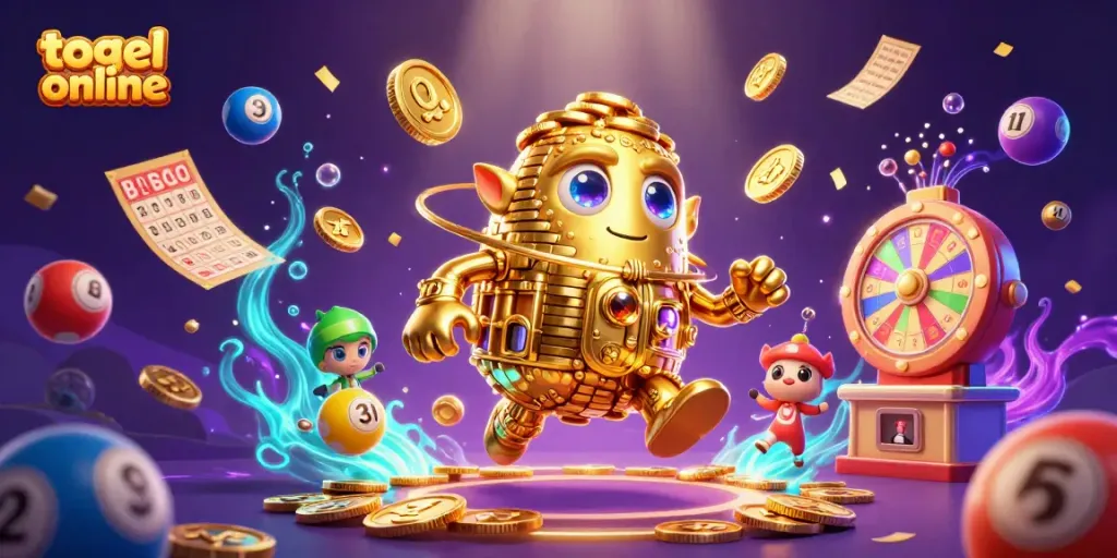 Menangkan toto togel online dengan uang koin emas dan bola lotere berwarna-warni dalam gambar grafis 3D yang menarik.