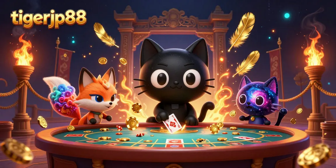 Tigerjp88 menampilkan kucing hitam luar angkasa di kasino kosmik menarik chip emas dan kartu dengan pesona gravitasi.
