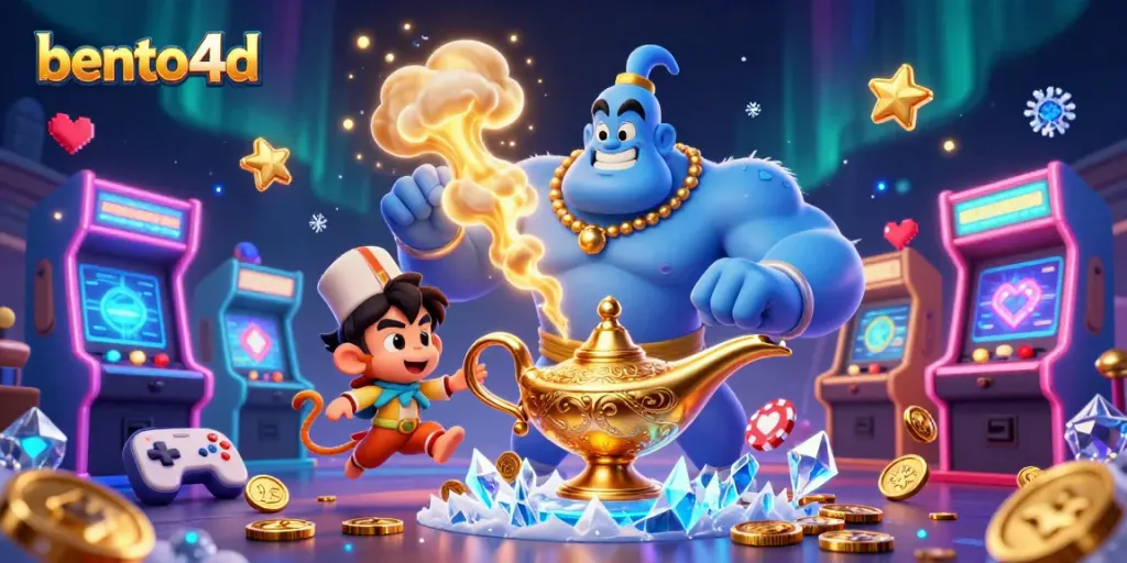 Experience thrilling gaming with bento4d, featuring a genie, monkey, and poker chips.