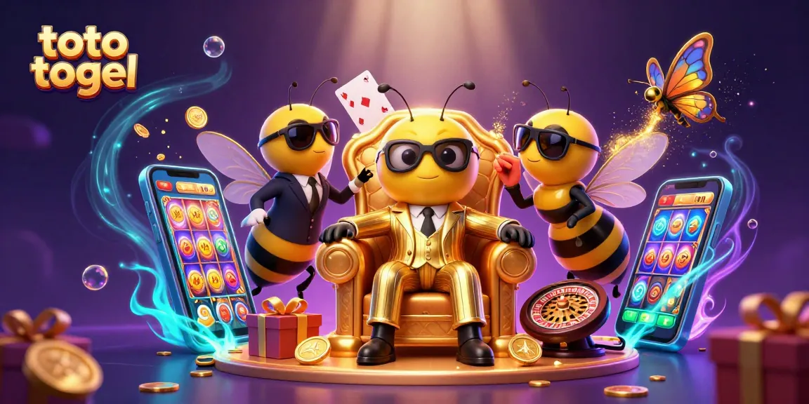 Experience the thrill of toto togel in a vibrant 3D scene with a bumblebee mob boss and gaming elements.