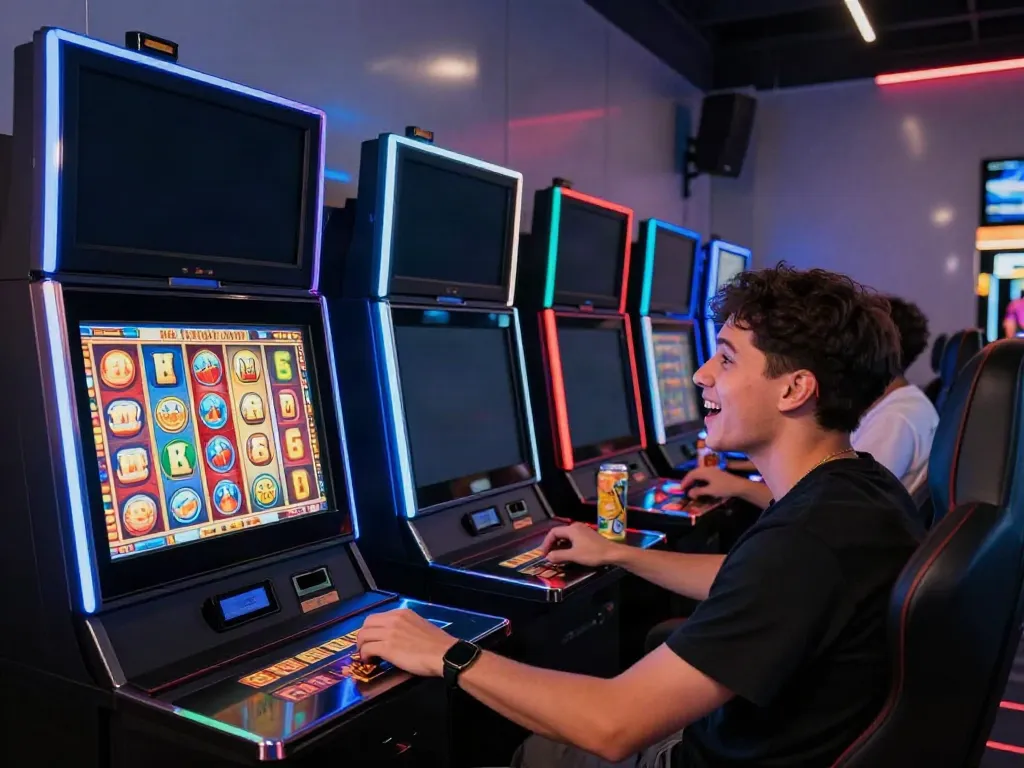 Permainan slot online di NAGAHOKI303 dengan pemain yang fokus pada layar mesin slot dan suasana yang mendebarkan.