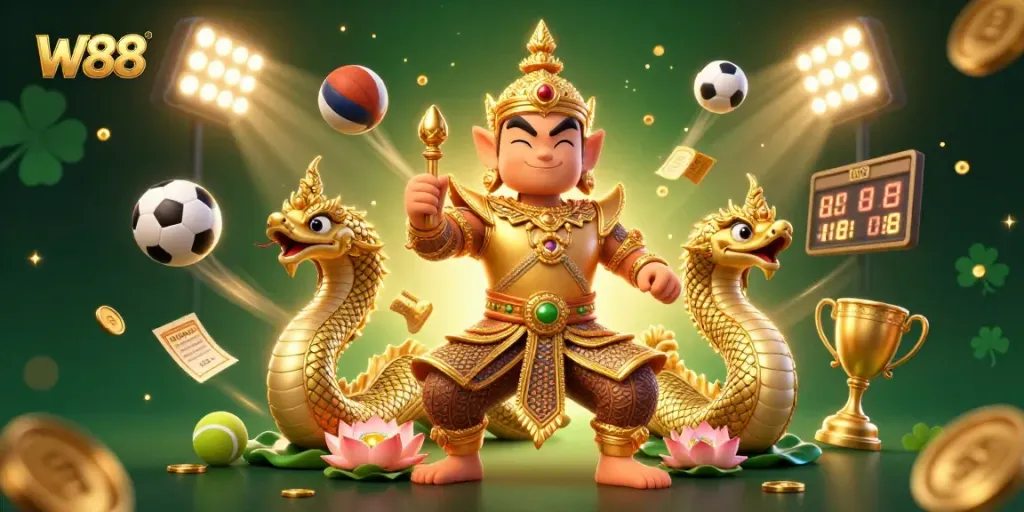 Experience thrilling sports betting at W88 with dynamic gameplay illustrated in a vibrant casino scene.
