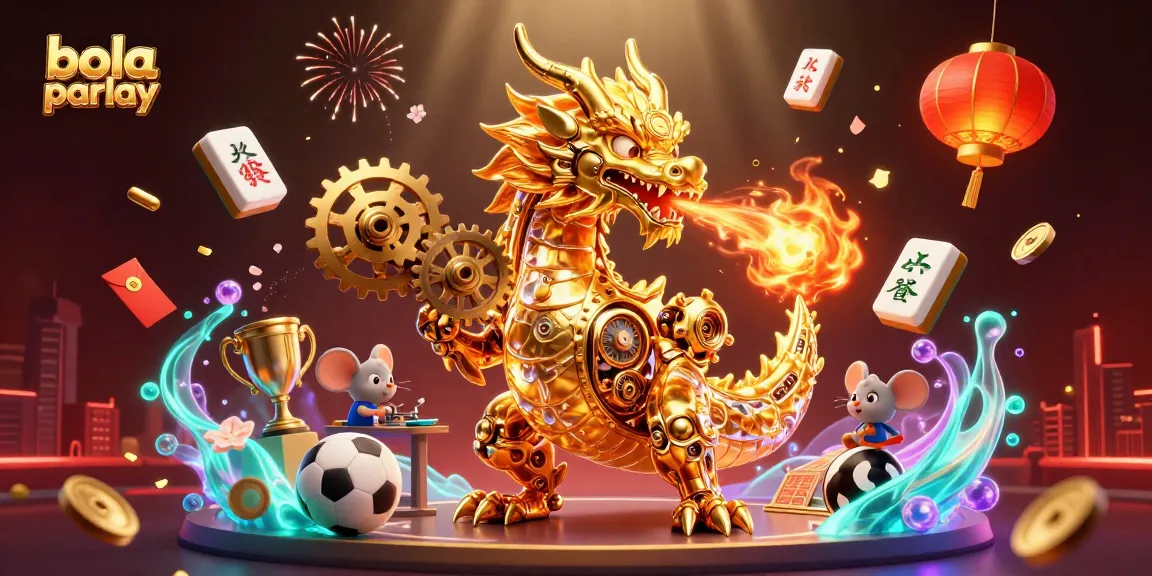 Taruhan bola parlay dengan naga emas dan unsur kasino, menampilkan suasana dinamis.