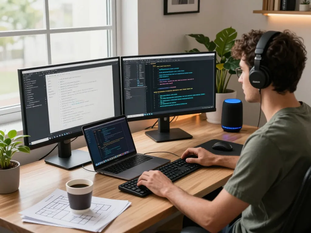 Developer using ClawdBot mac on dual monitors in a vibrant tech workspace, showcasing productivity and creativity.