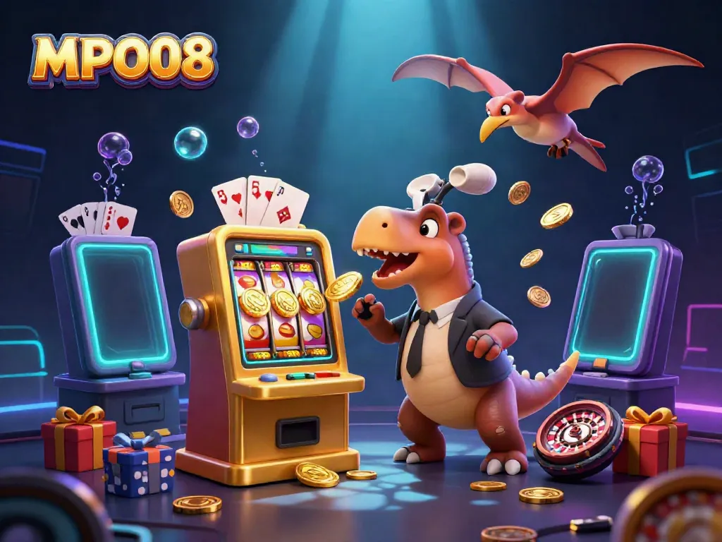 Engaging MPO08 illustration with dynamic casino scene featuring jackpot coins and immersive gaming elements.