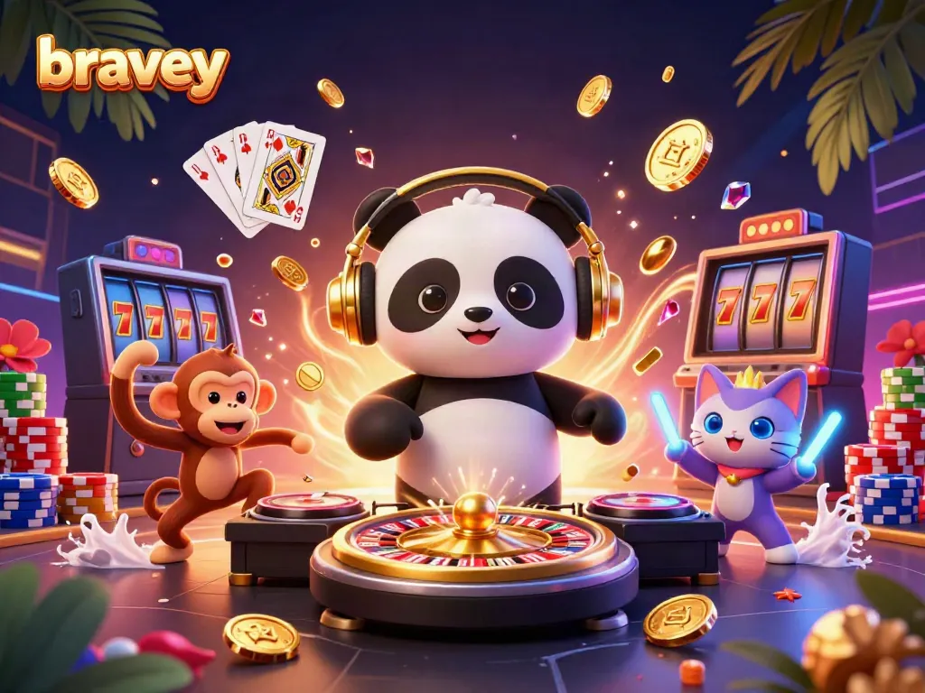 Dance with bravey as a DJ panda spins with coins and gems amidst a vibrant casino scene.