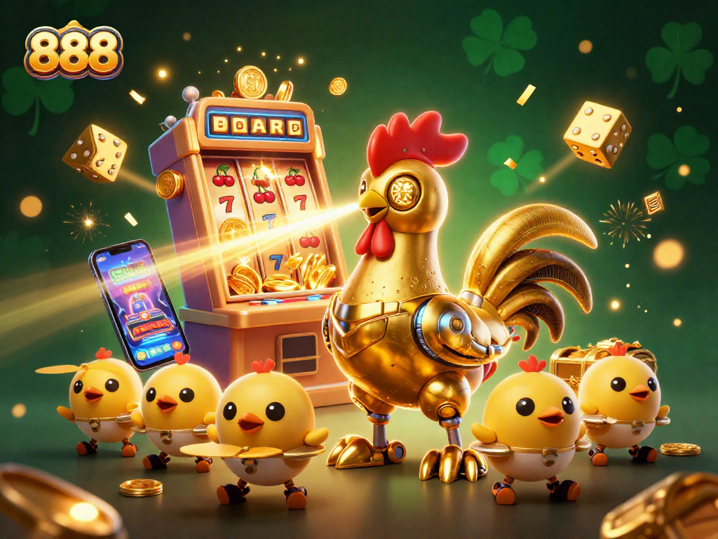 Experience the excitement of the 888 casino with a vibrant 3D illustration of a golden rooster robot and slot machine.