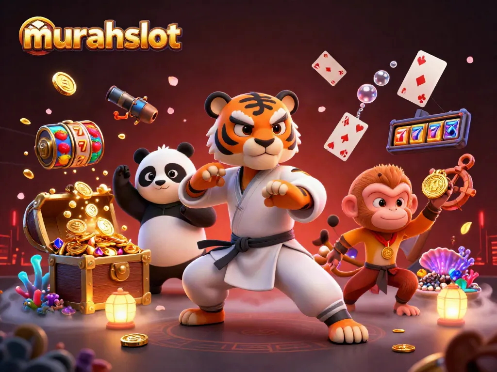 Experience murahslot with 3D cartoon characters in a vibrant casino-themed scene filled with gold coins and slot reels.