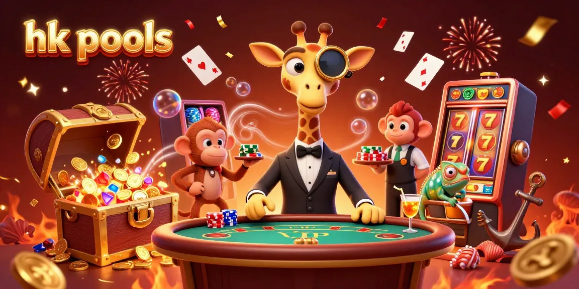 Kemenangan menarik di hk pools dengan ilustrasi kasino modern dan karakter hewan.