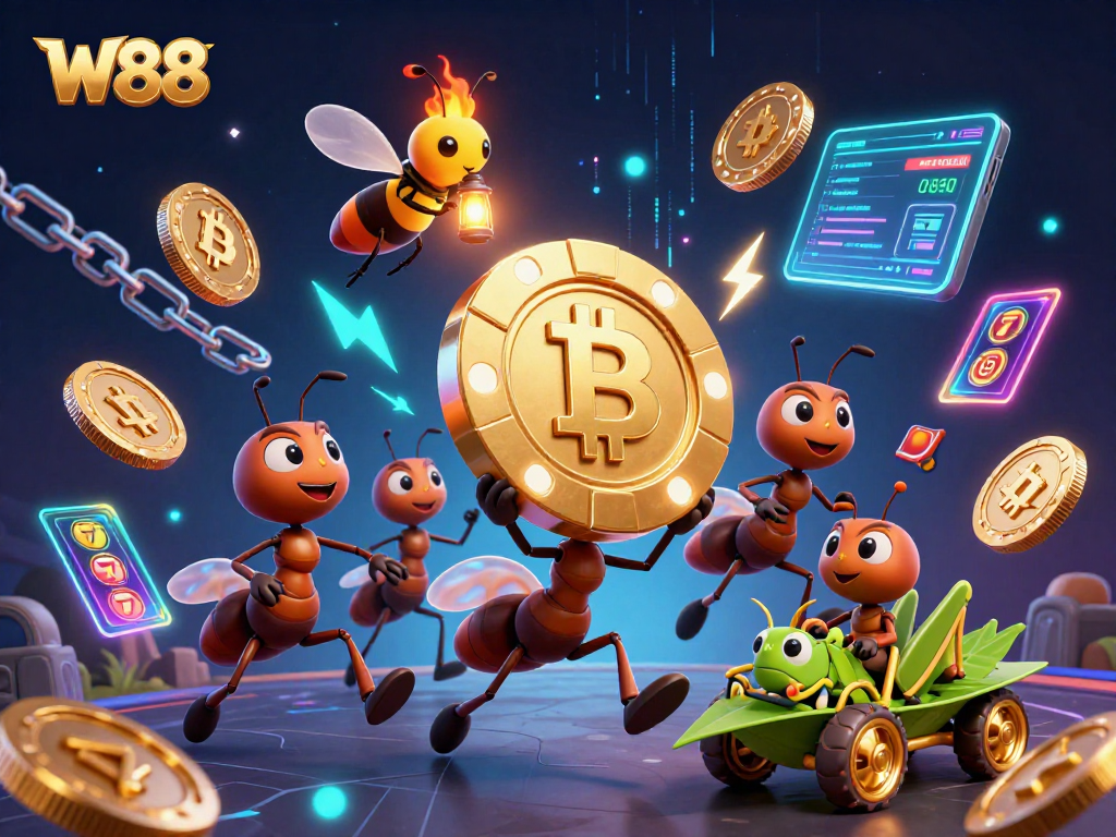 W88 promotions elevate your gaming with a vibrant 3D illustration showing ants heisting a golden poker chip.