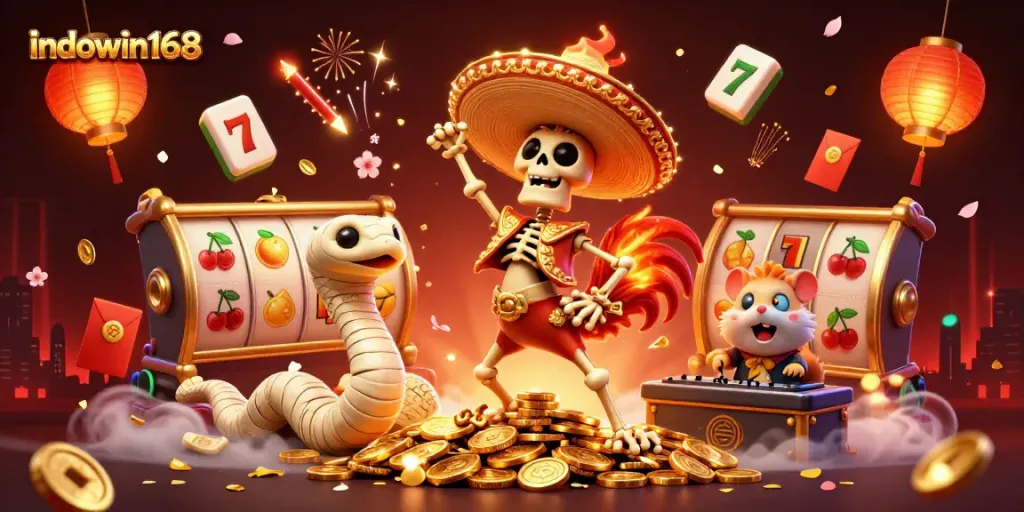 Experience the fun at indowin168 with a vibrant 3D casino celebration showcasing games and excitement.