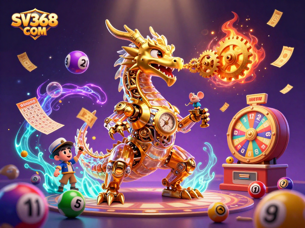 Experience thrilling wins at SV368 COM with a dynamic 3D casino illustration showcasing gaming action.