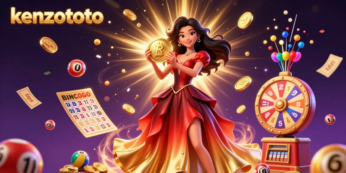 Experience thrilling kenzototo lottery excitement with a stunning Asian woman celebrating surrounded by colorful elements and gold coins.