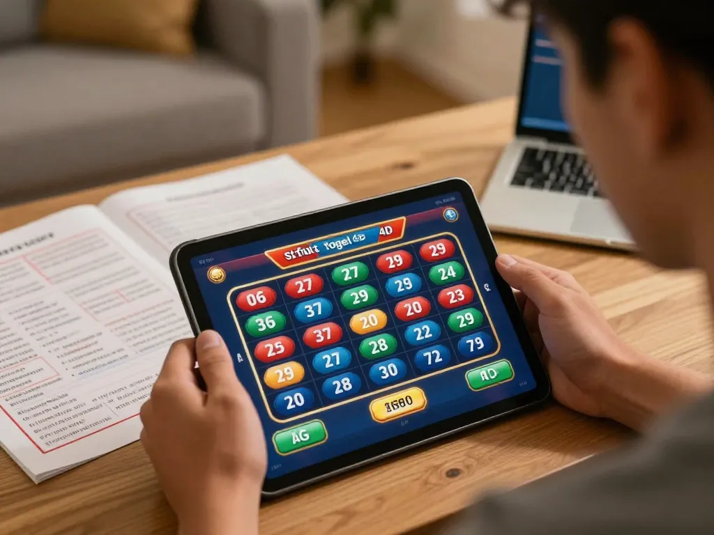 Player engaging in online betting on bayi toto platform while using tablet in a cozy setting