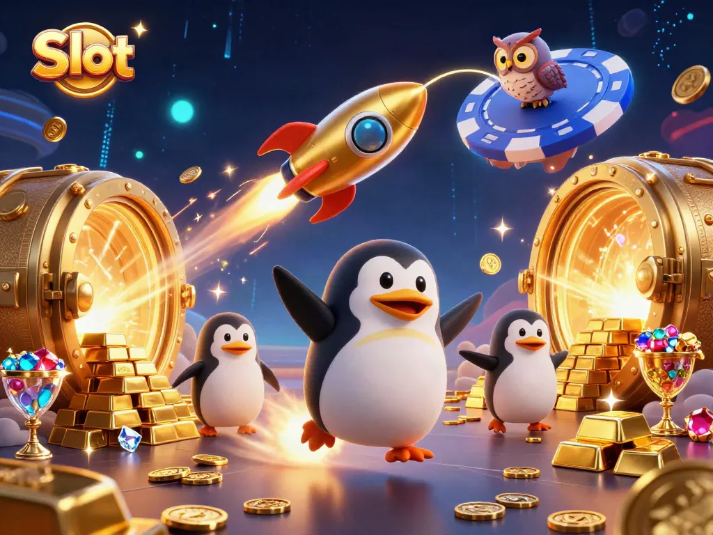 Spin the Slot with luck as the golden penguin navigates a casino in space, surrounded by treasures.