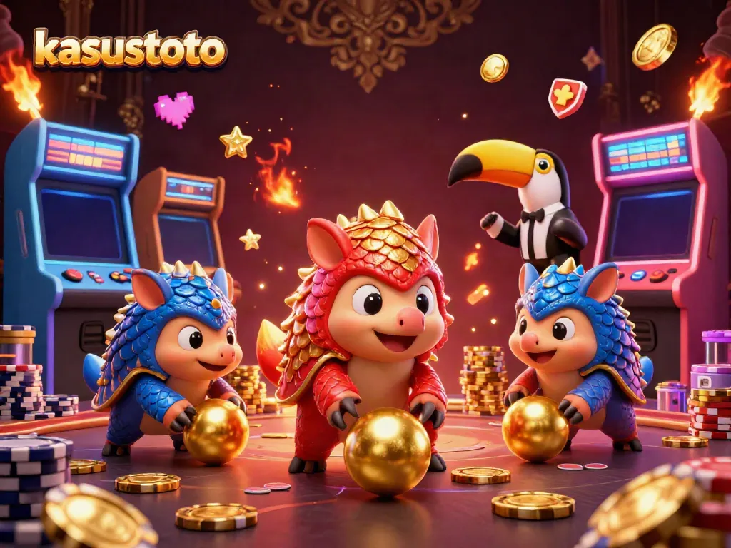 Kasustoto menghadirkan pangolin rival berperang di kasino dengan koin emas dan permainan arcade