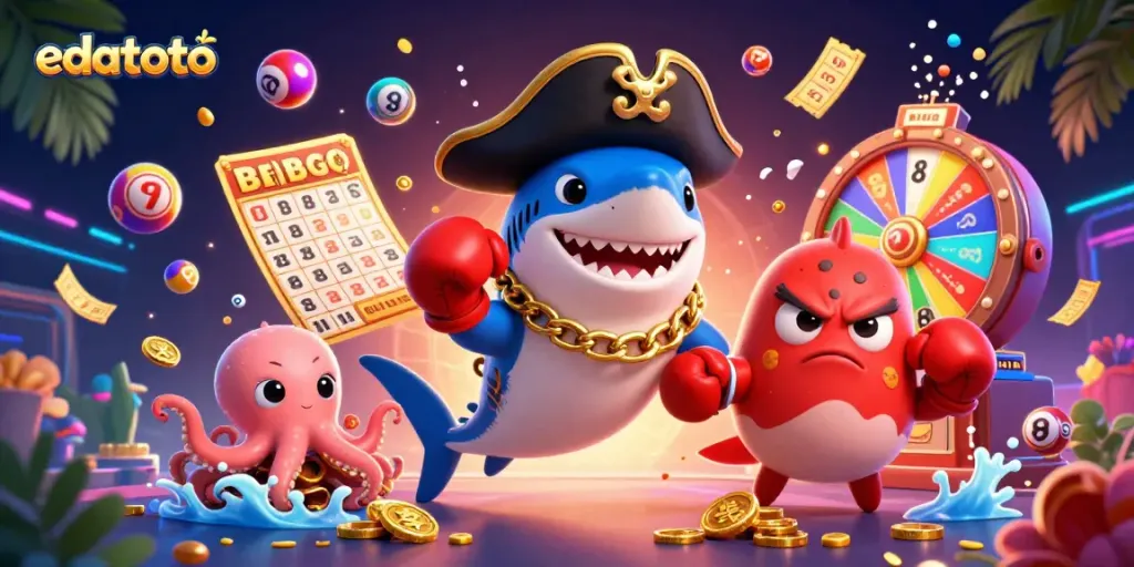 Engage with edatoto, showcasing digital casino fun with vibrant lottery elements and playful characters.